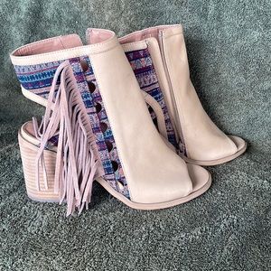 Fringe bootie chunky heels